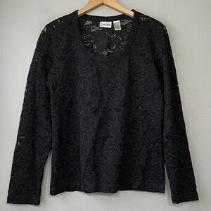 Chicos Lace Top Size 1 Medium Black Stretch Sheer Dark Coquette Gothic Romantic